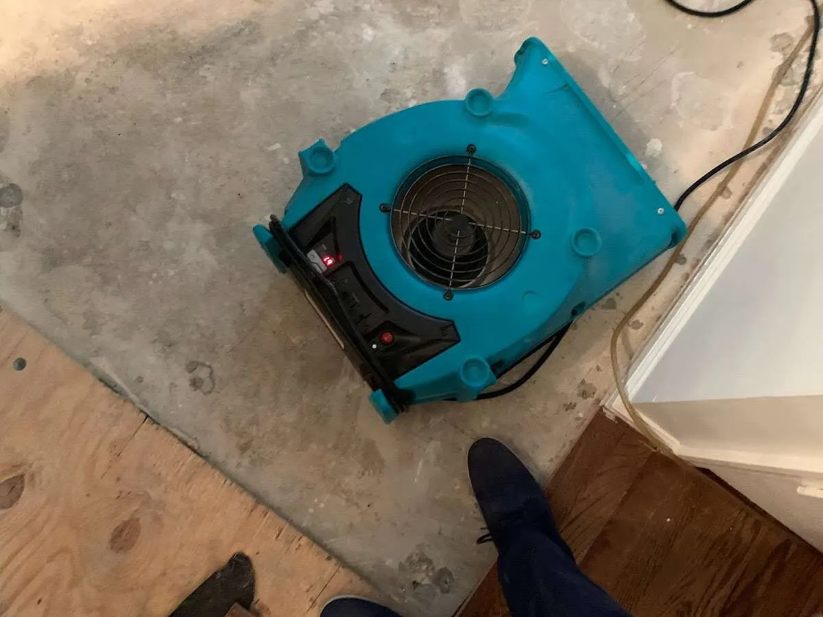 Air mover drying subfloor during Leak Detection & Repair in Ste. Genevieve
